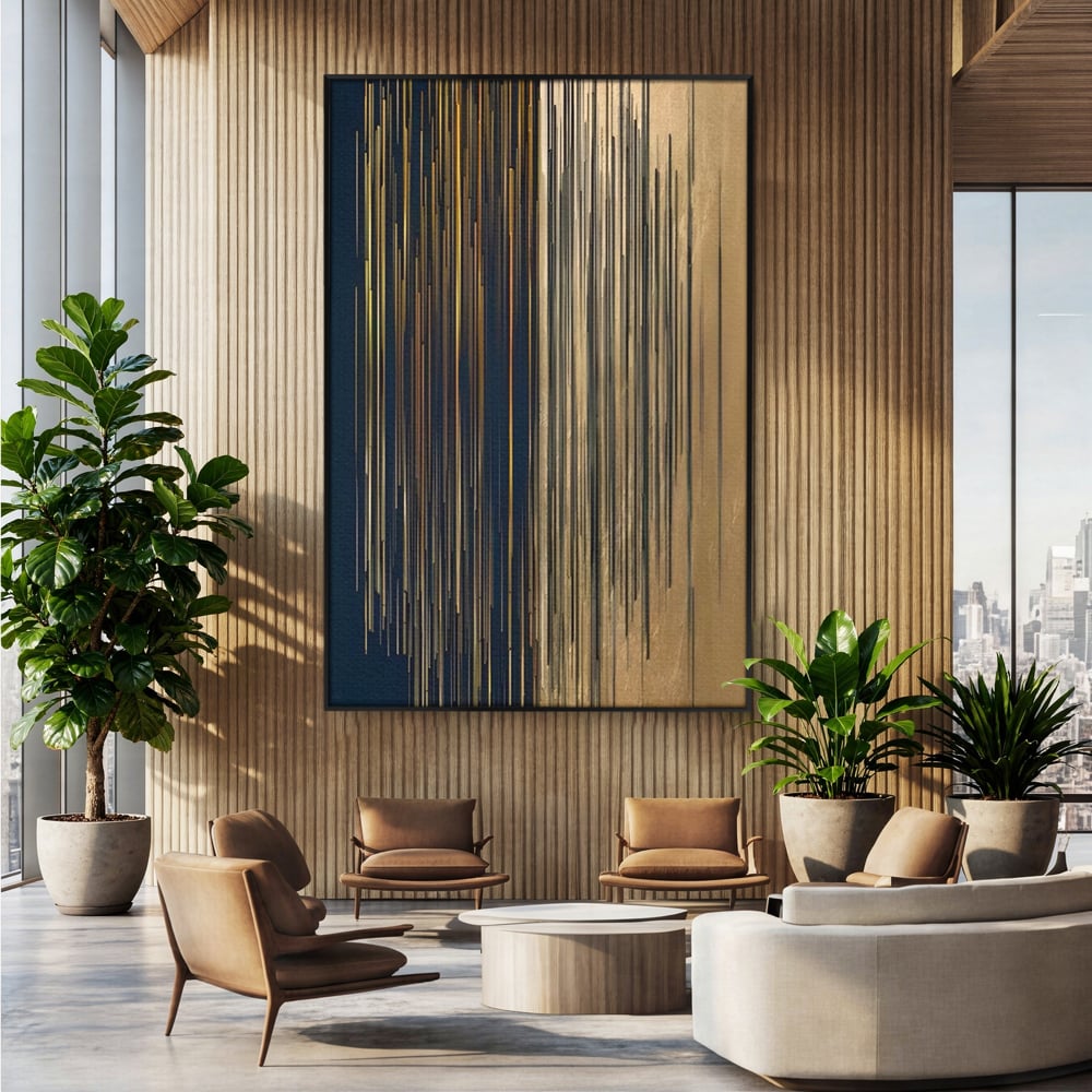 Tablou canvas cu tablou abstract cu linii verticale aurii, in rama de aluminiu negru, pe perete intr-un birou